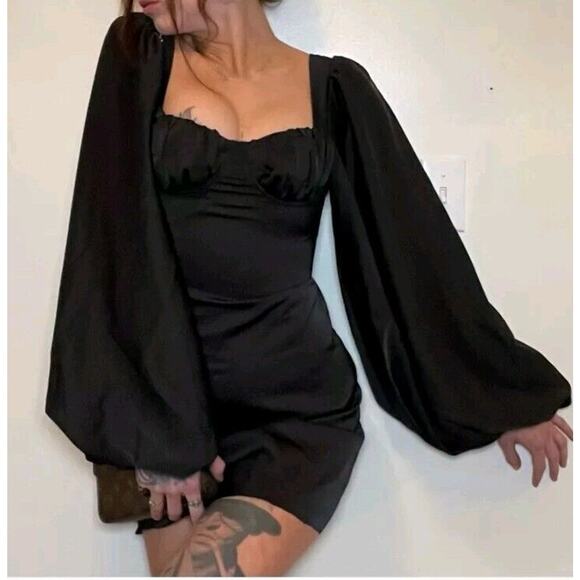 Jagger & Stone Liv Black Satin Balloon Long Sleeve Peasant Mini Bodycon Dress 8 - Picture 2 of 6